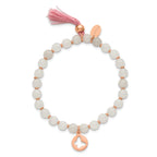 Stainless Steel Polished Rose IP-plated Butterfly 6mm Pink Agate Beaded Stretch Bracelet with Tassel for Women