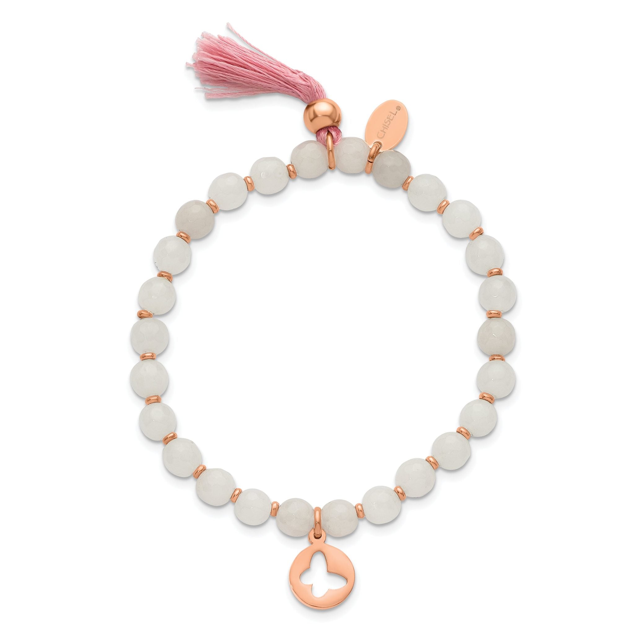 Stainless Steel Polished Rose IP-plated Butterfly 6mm Pink Agate Beaded Stretch Bracelet with Tassel for Women
