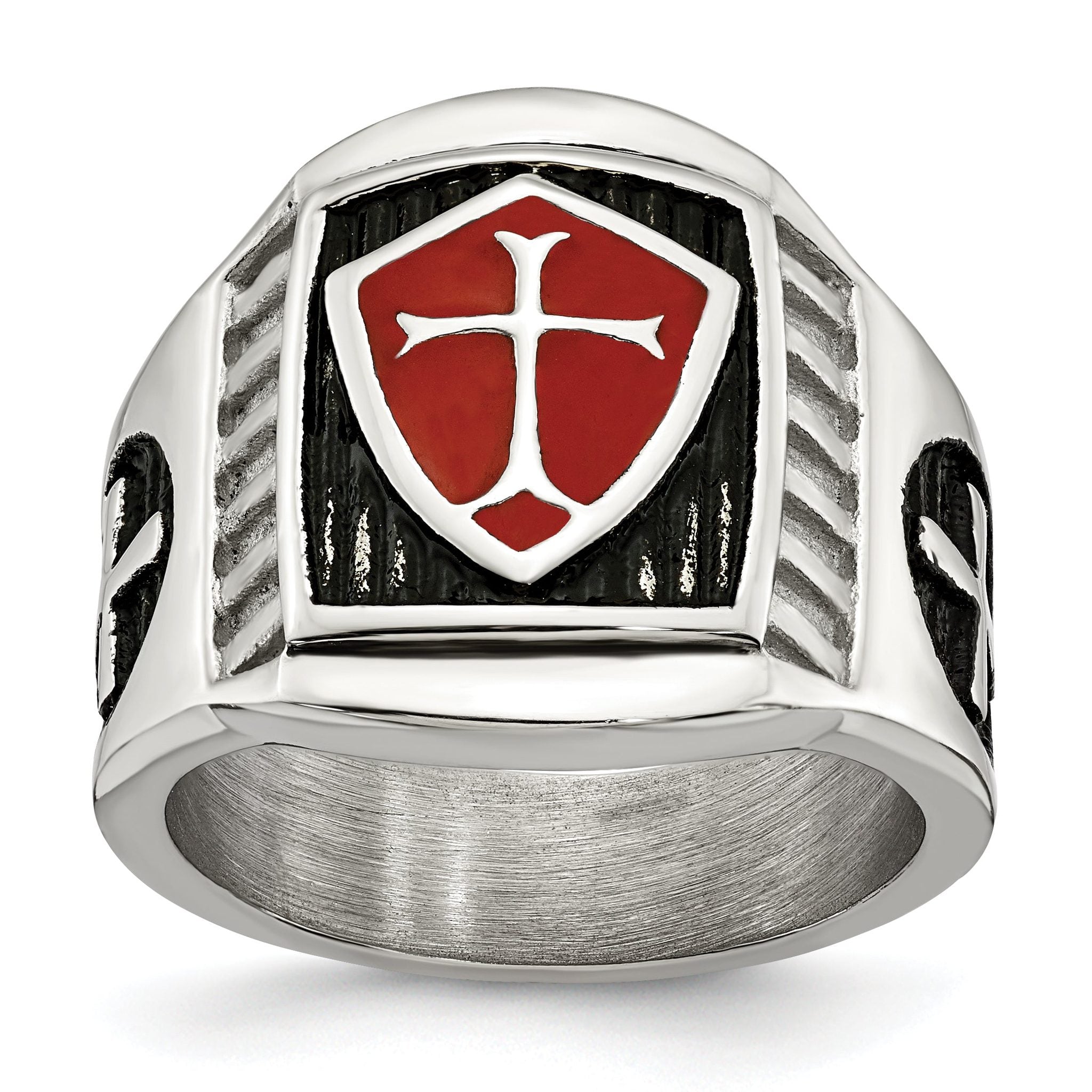 Stainless Steel Antiqued and Polished with Red Enamel Cross and Shield Ring Main image