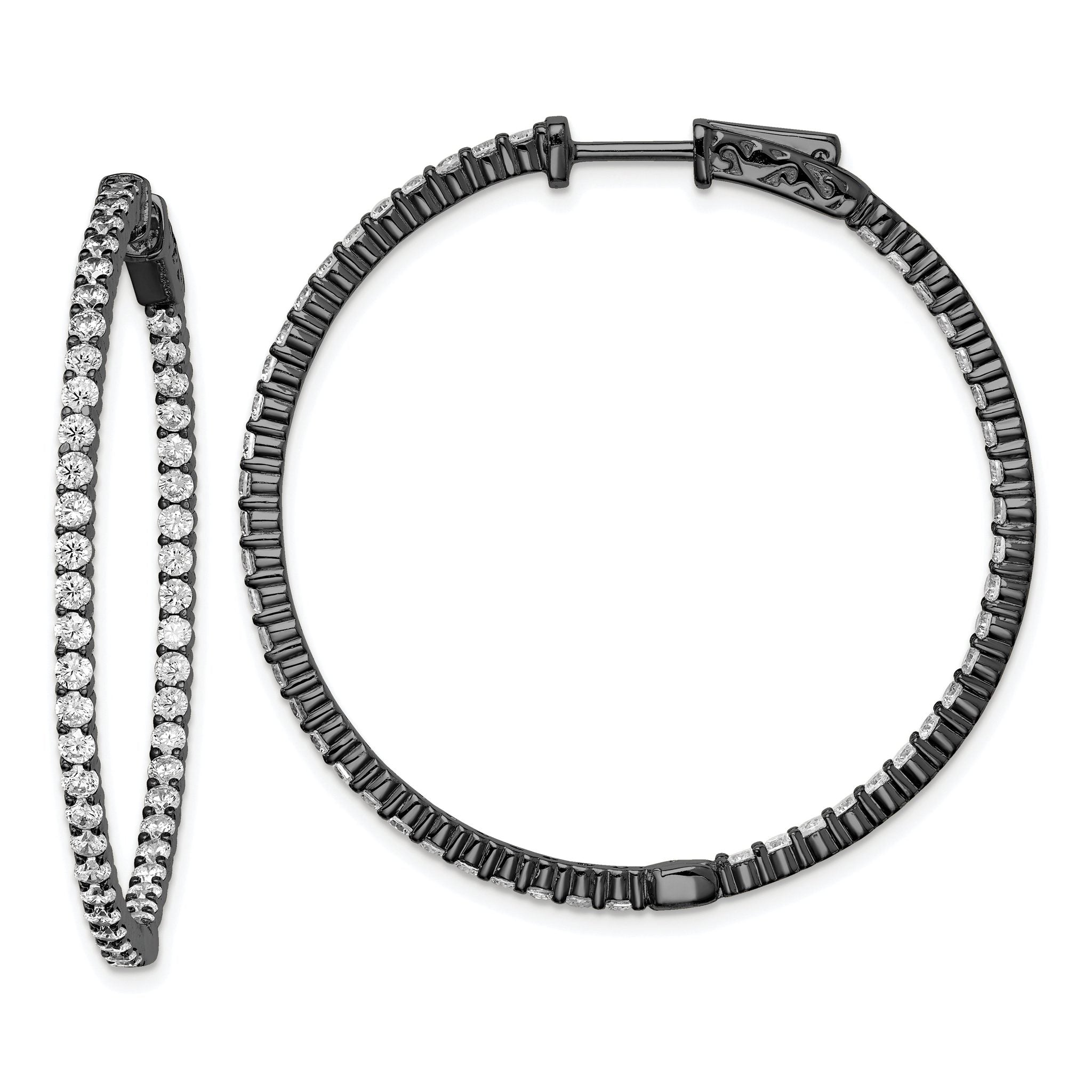 Sterling Shimmer Black Rhodium-plated 100 Stone 2mm CZ In and Out Round Hinged Hoop Earrings Main image