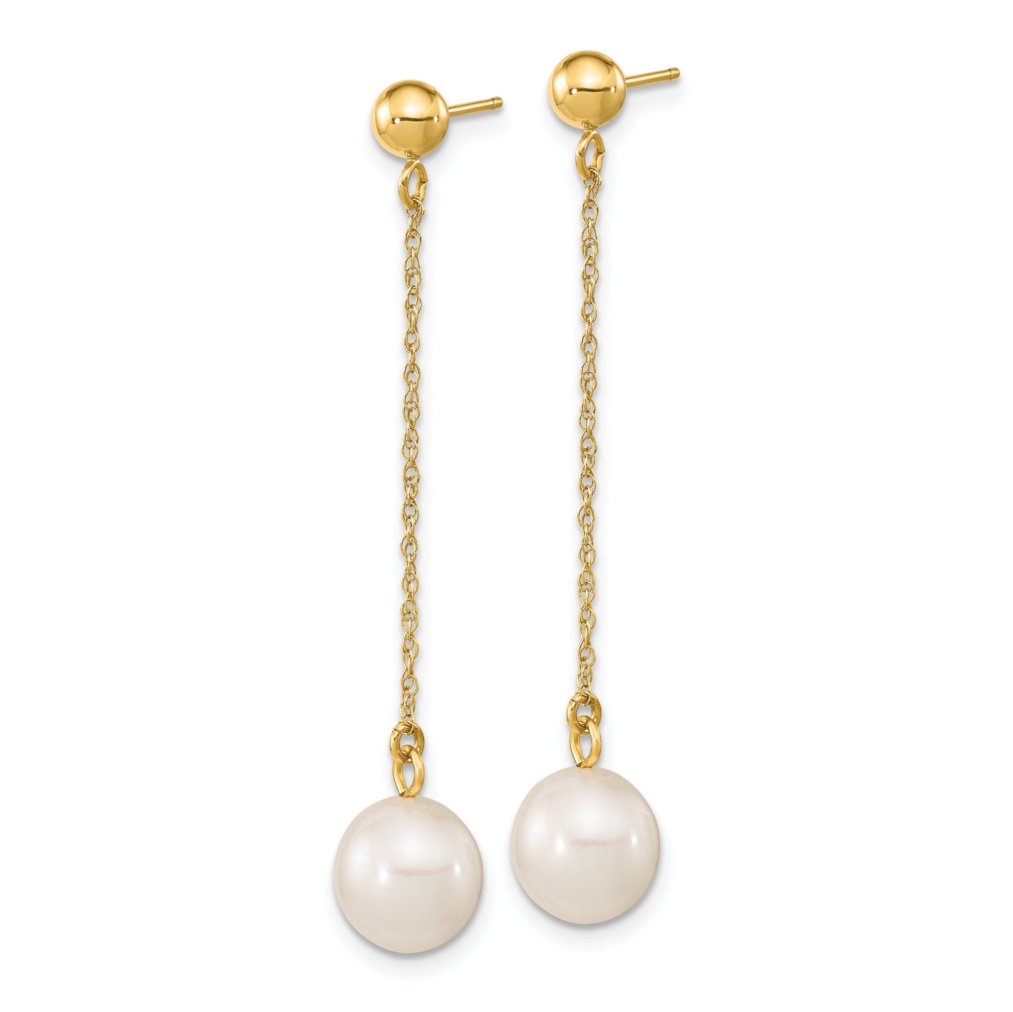 14k 7-8mm White Round Freshwater Cultured Pearl Dangle Post Earrings Secondary image