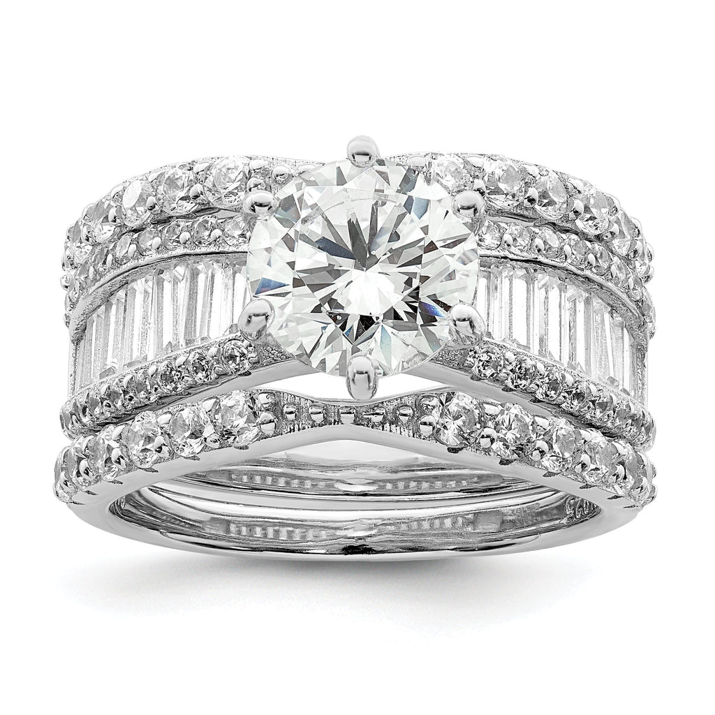 Sterling Silver Polished Rhodium-Plated Cubic Zirconi Trio 3 Ring Set