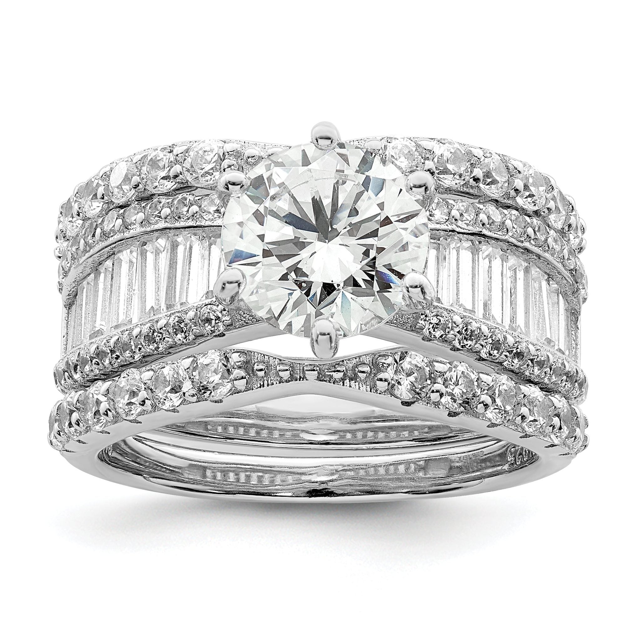 Sterling Silver Polished Rhodium-Plated Cubic Zirconi Trio 3 Ring Set