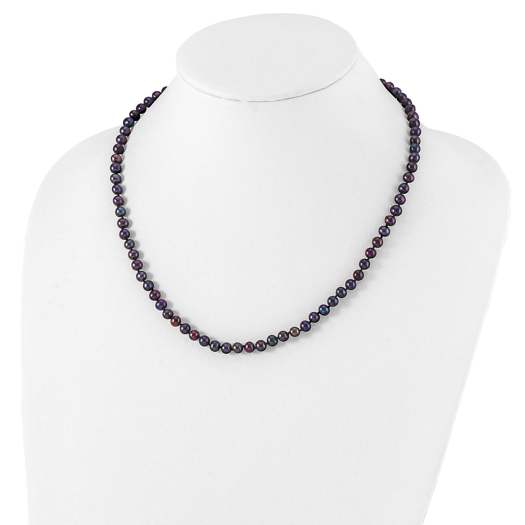 Sterling Silver Rhodium-plated 5-6mm Black Near-Round Freshwater Cultured Pearl 20 inch Necklace