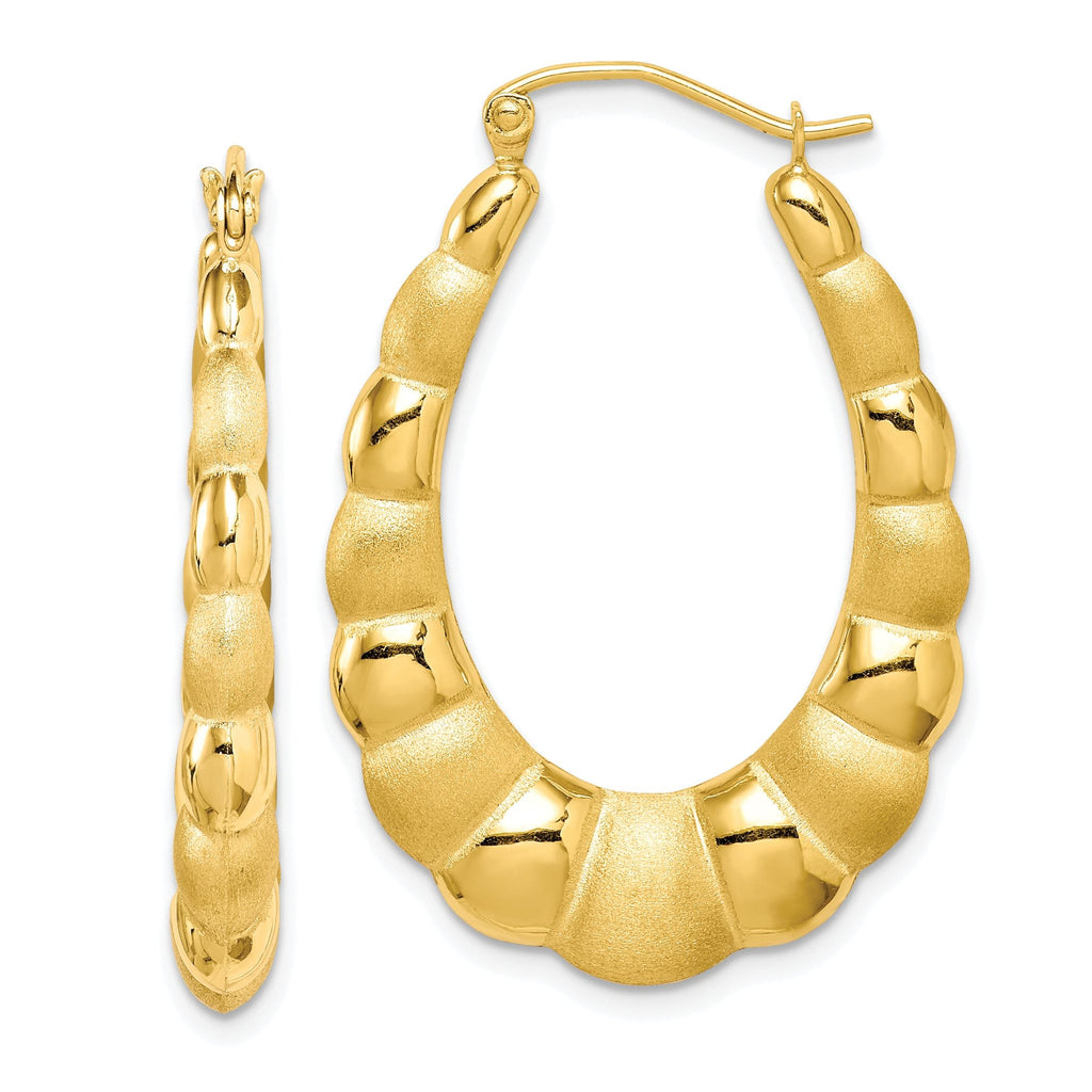 10K Yellow Gold Satin & Polished Hollow Hoop Earrings with Secure Closure