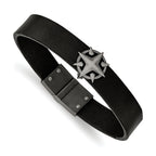 Stainless Steel Brushed Antiqued White Bronze-plated Compass Black Leather Bracelet for Men