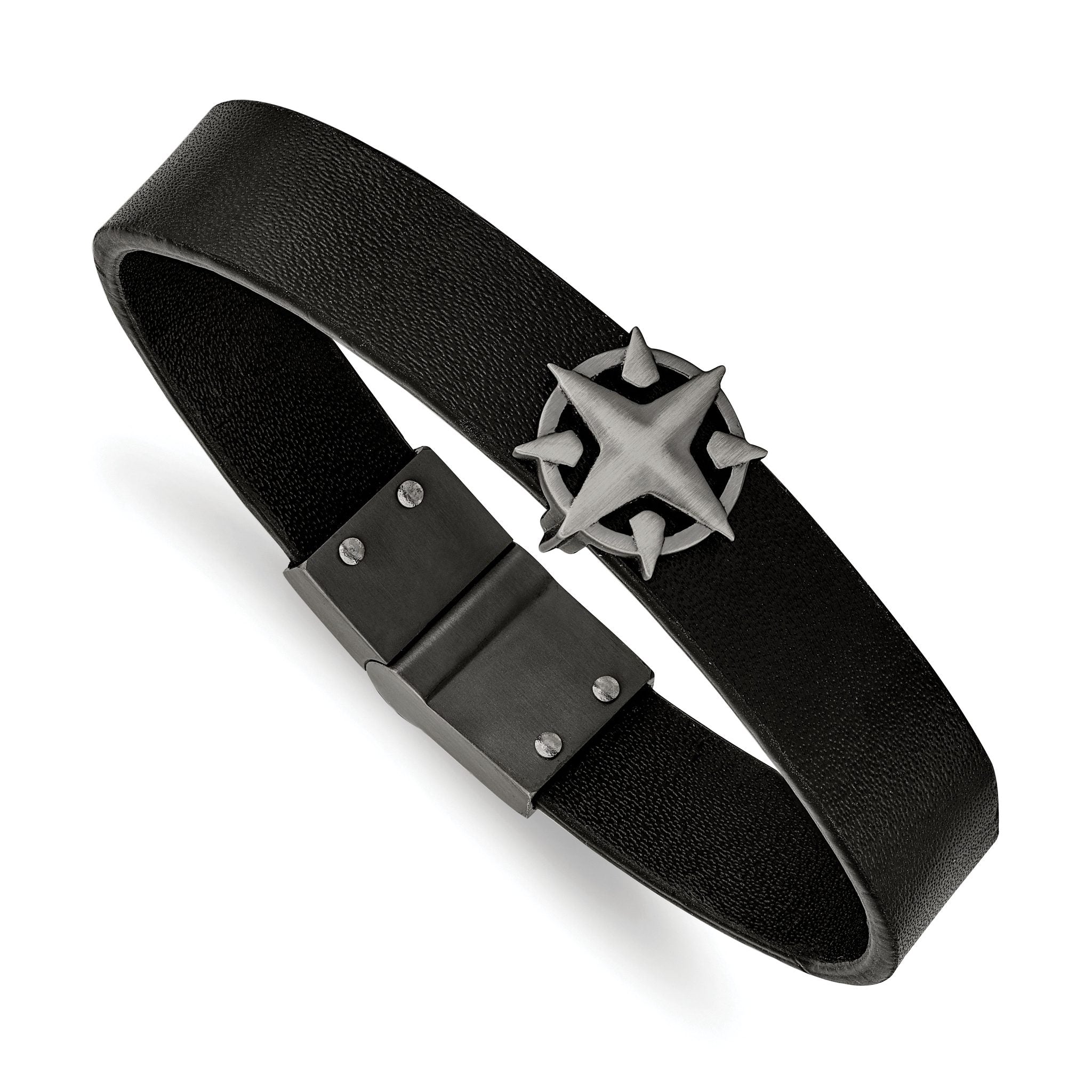 Stainless Steel Brushed Antiqued White Bronze-plated Compass Black Leather Bracelet for Men