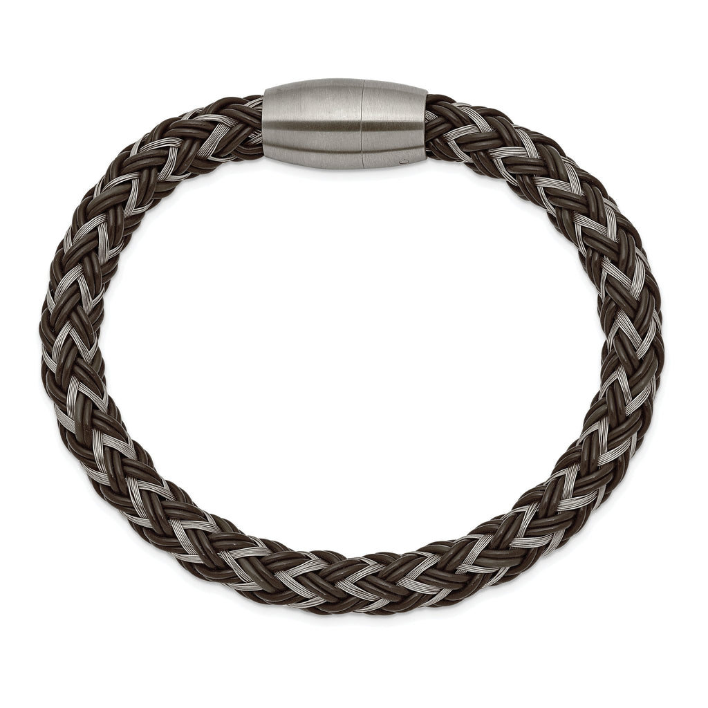 Stainless Steel Brushed Braided Wire and Brown Rubber Bracelet for Men