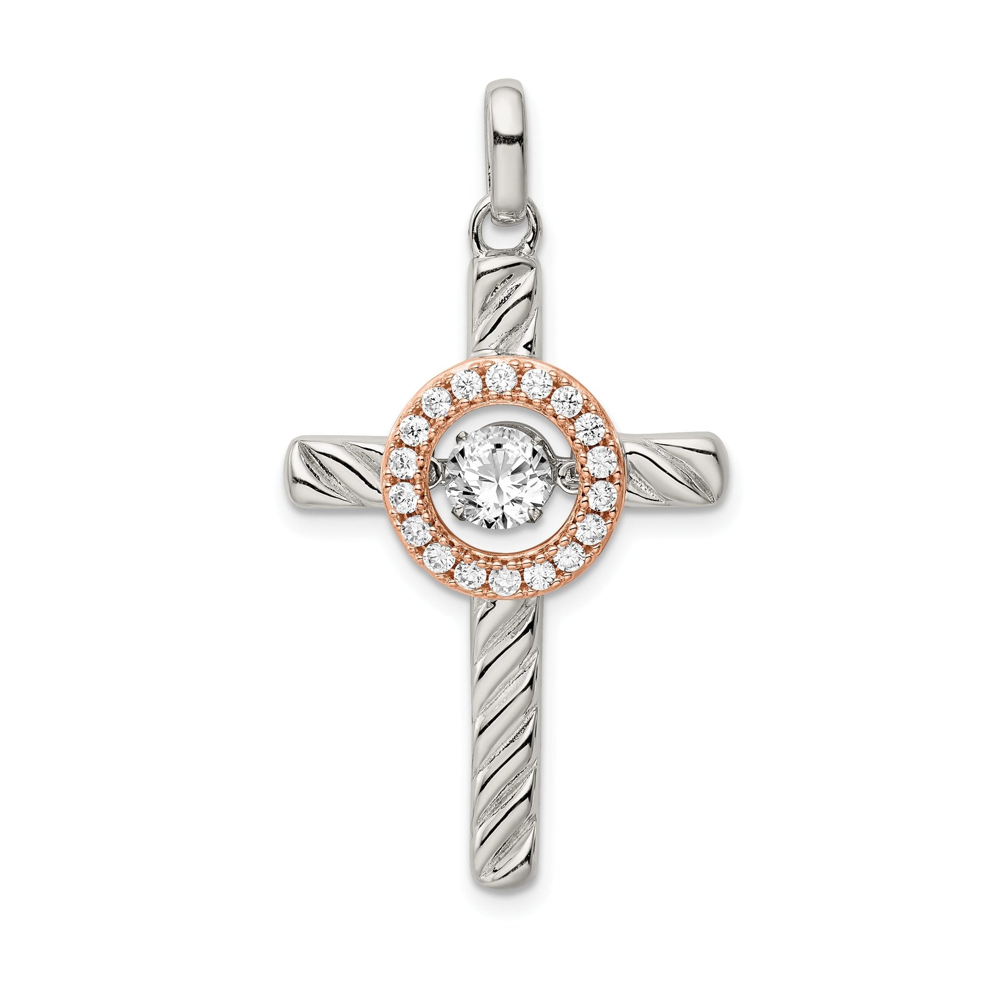 Sterling Silver 925 Cross Pendant with Rose-Tone CZ & Platinum Finish Main image