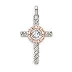 Sterling Silver 925 Cross Pendant with Rose-Tone CZ & Platinum Finish