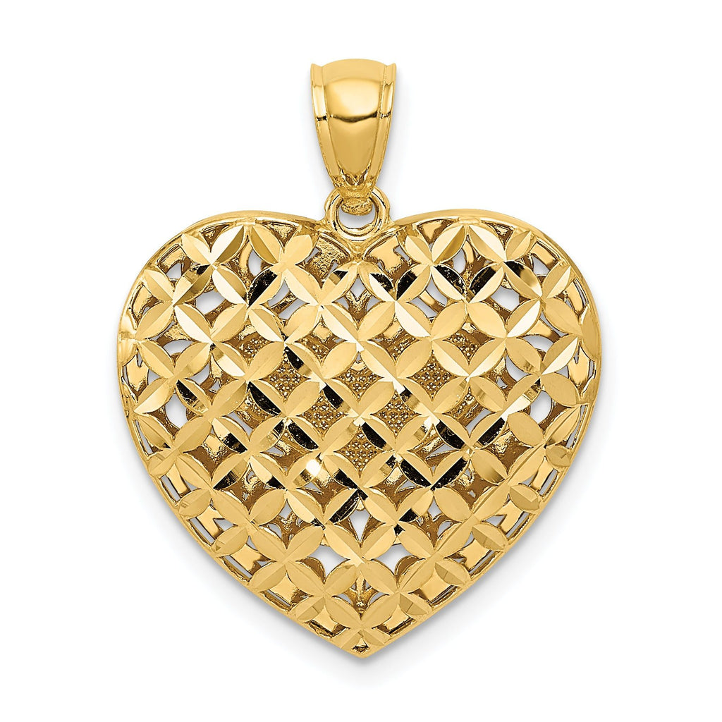 14K Two-Tone Gold Reversible Filigree Heart Pendant with Polished Diamond-Cut Design