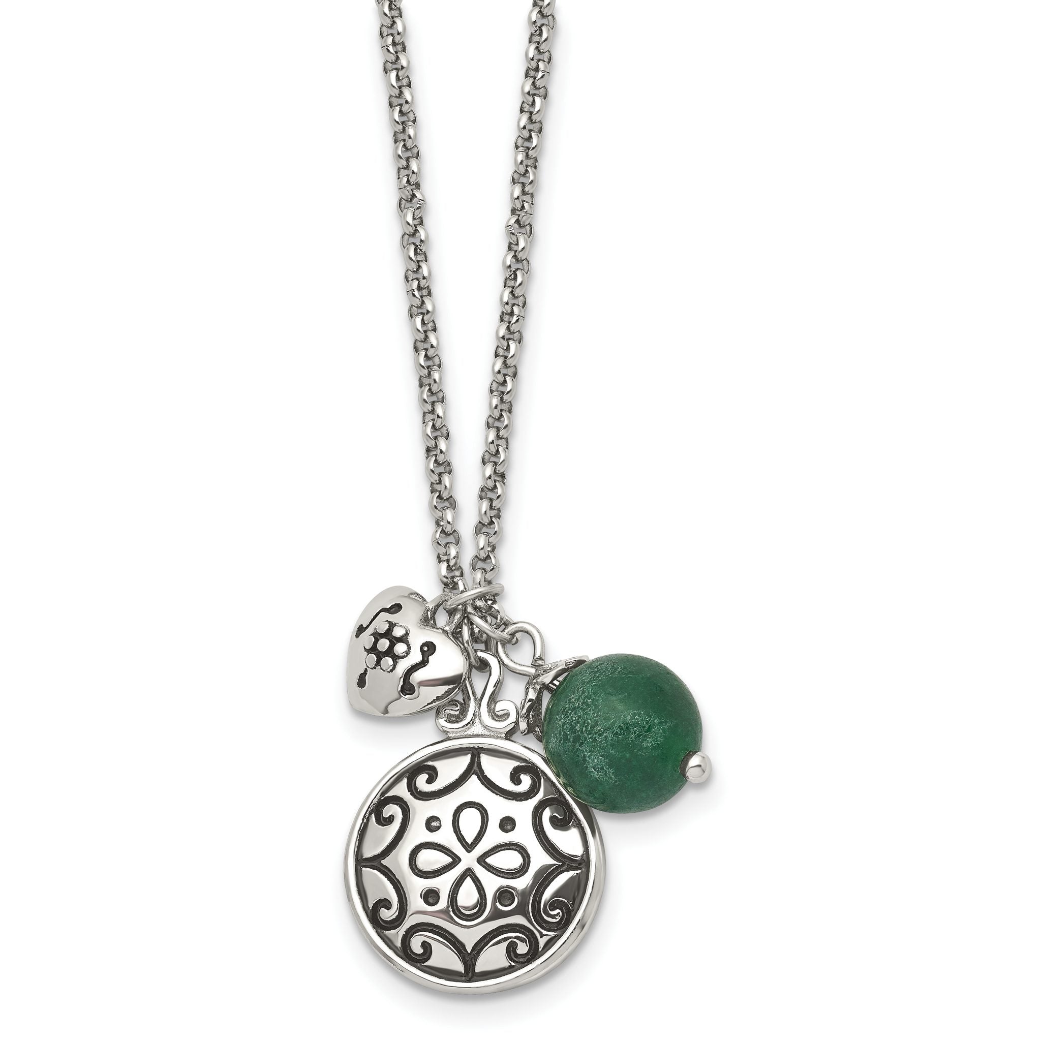 Stainless Steel Antiqued and Polished Synthetic Jade w/20in Necklace Main image