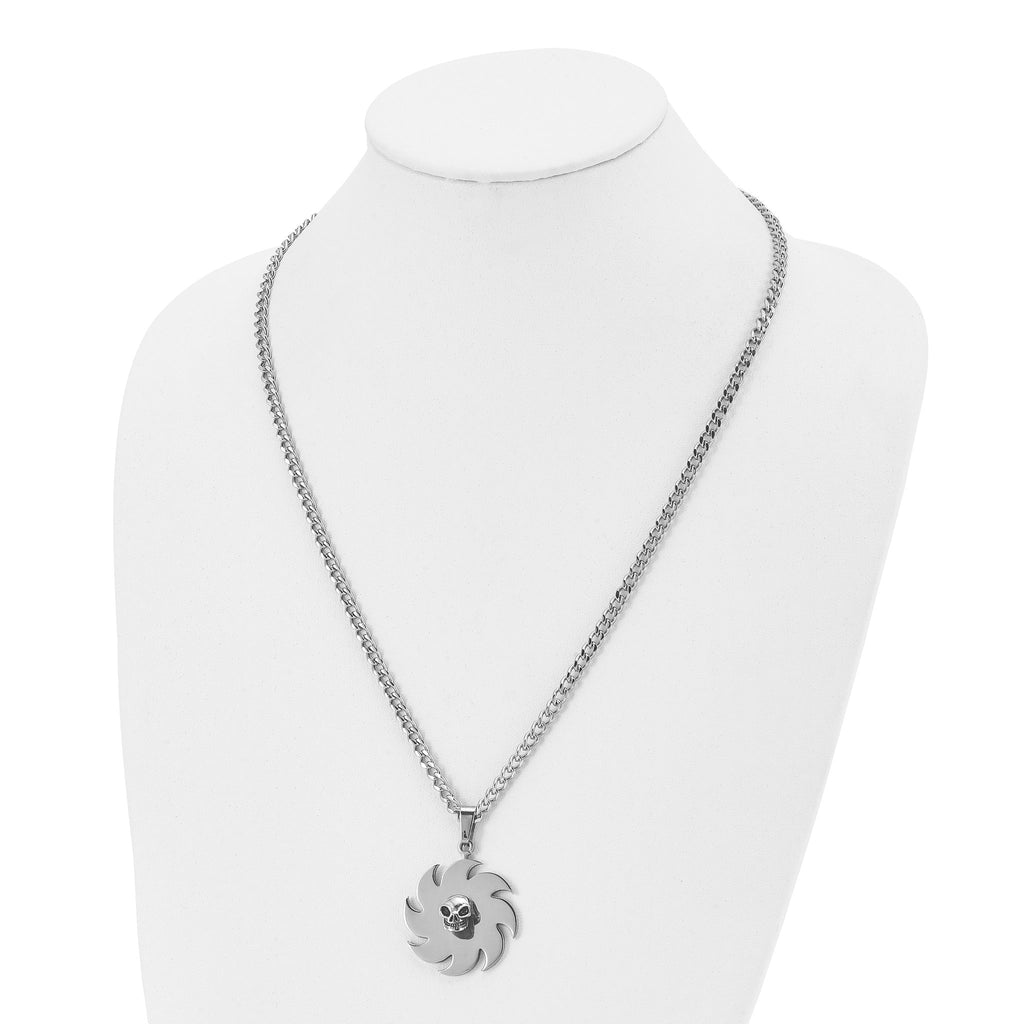 Saw Blade & Skull Pendant Necklace in Stainless Steel, 24in