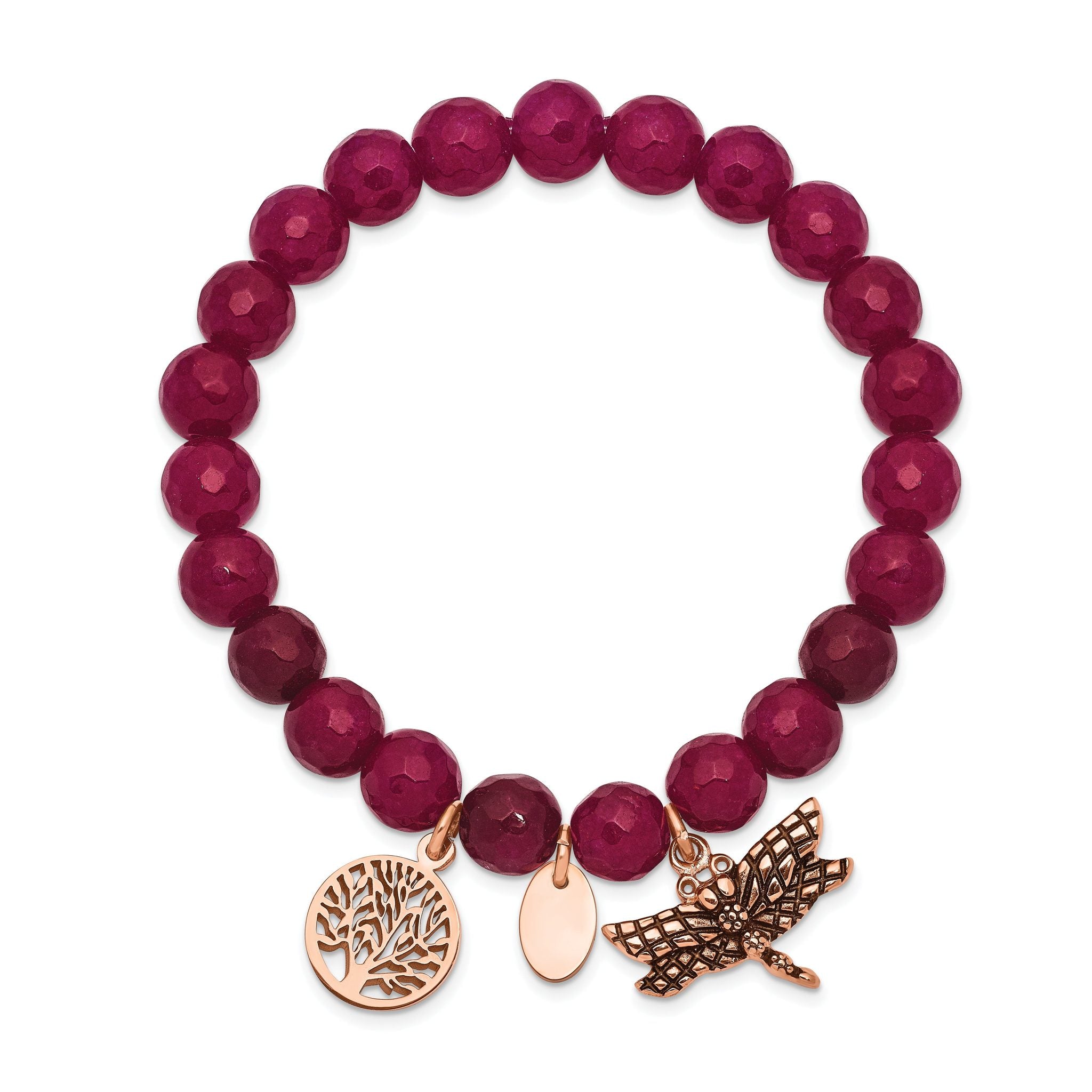 Stainless Steel Antiqued and Polished Rose IP-plated Dragonfly and Tree of Life 8mm Pink Dyed Jade Beaded Stretch Bracelet for Women Secondary image