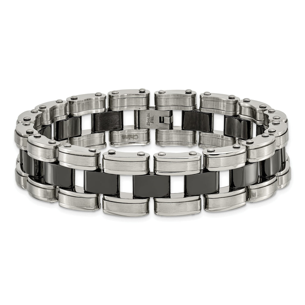 Stainless Steel Brushed and Polished with Black Ceramic Link Bracelet for Men