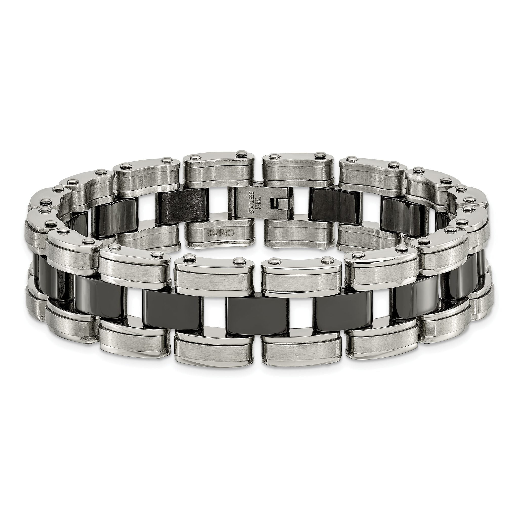 Stainless Steel Brushed and Polished with Black Ceramic Link Bracelet for Men