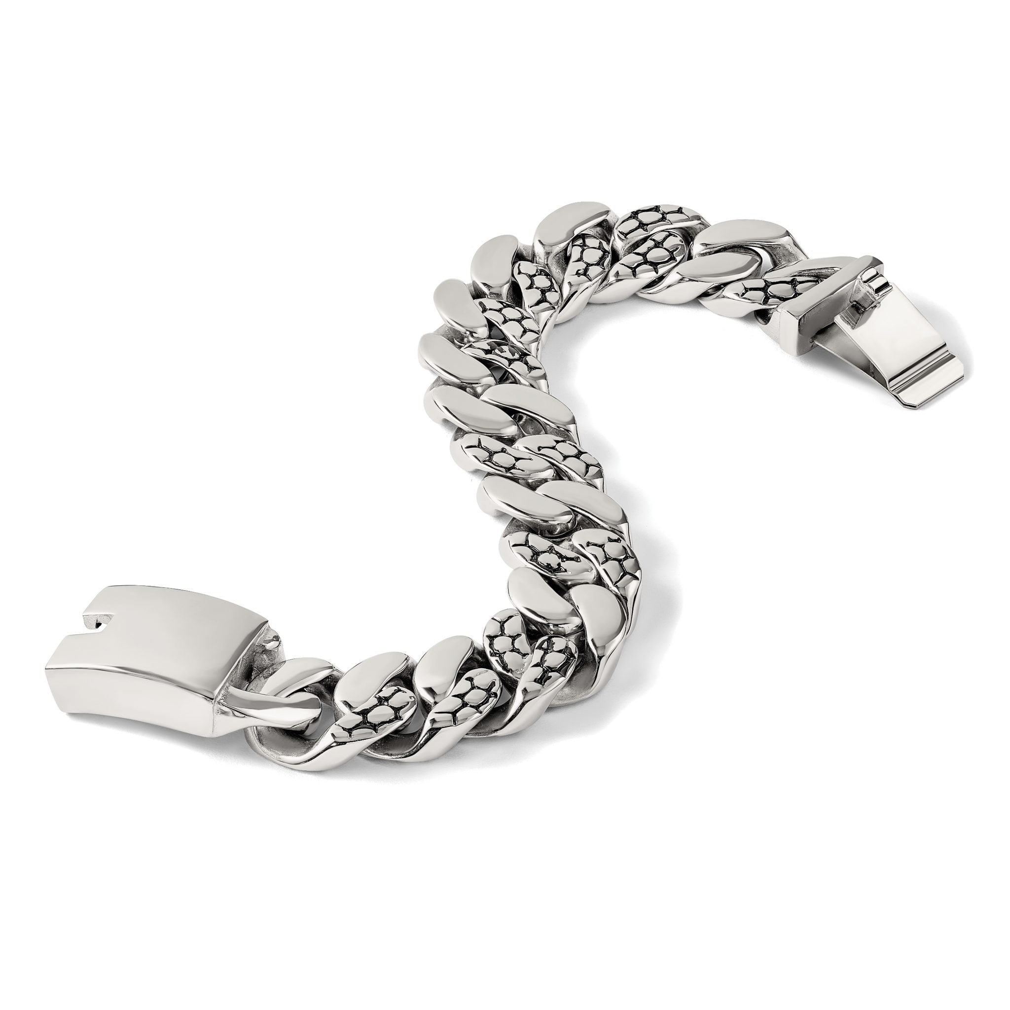 Stainless Steel Polished and Textured Snake Skin Design Curb Bracelet for Men
