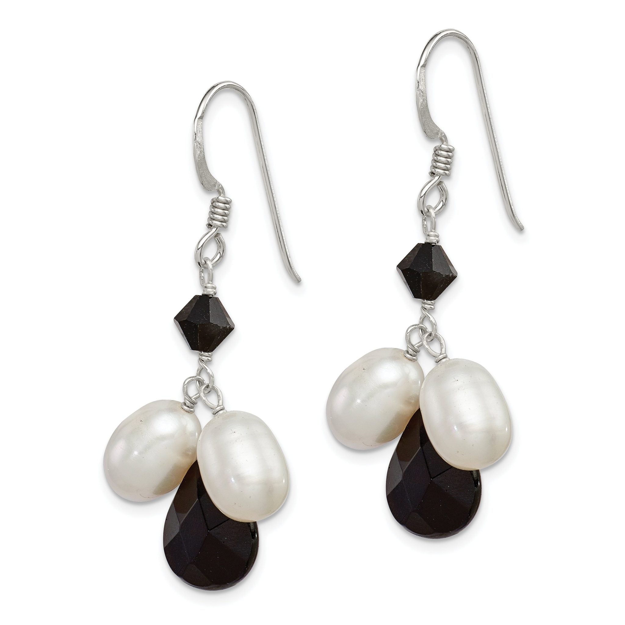 Sterling Silver Polished FWC Pearl / Black Crystal / Onyx Dangle Earrings Secondary image