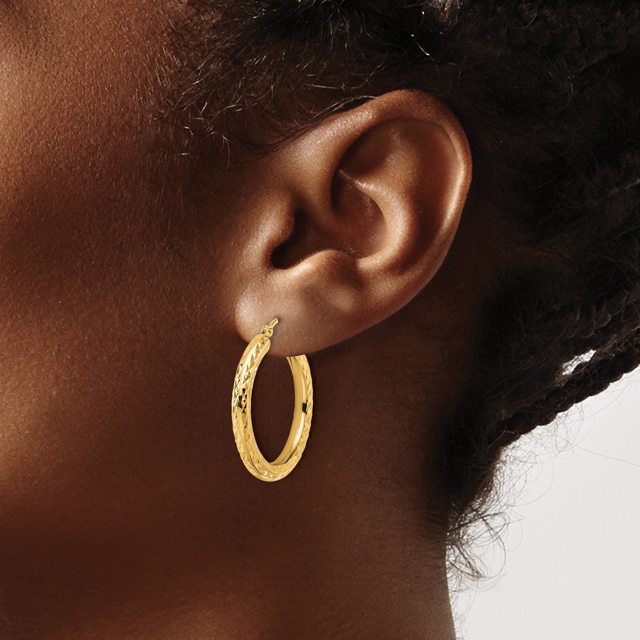 14k Diamond-cut 3mm Round Hoop Earrings