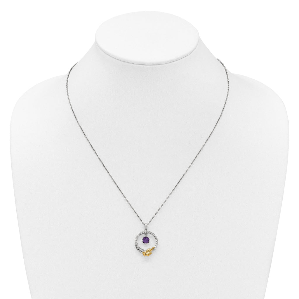 Shey Couture Sterling Silver Rhodium-plated Twisted Circle with 14k Leaf Accent Round Amethyst Dangle 18 inch with 2 inch Extension Necklace