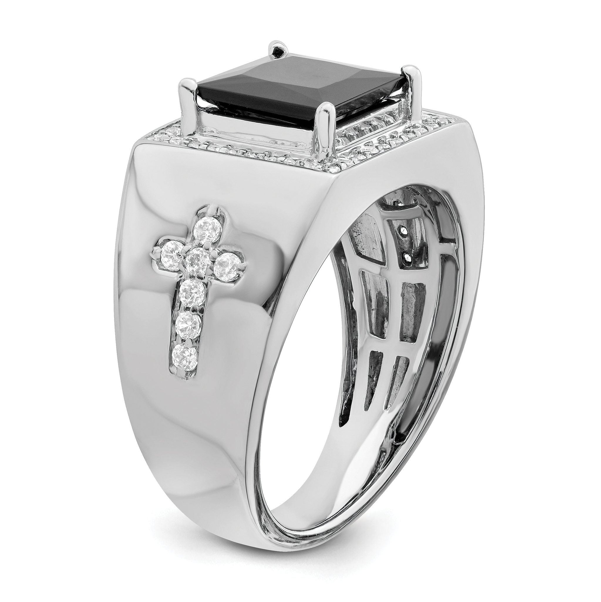 14k White Gold Onyx and Diamond Cross Mens Ring