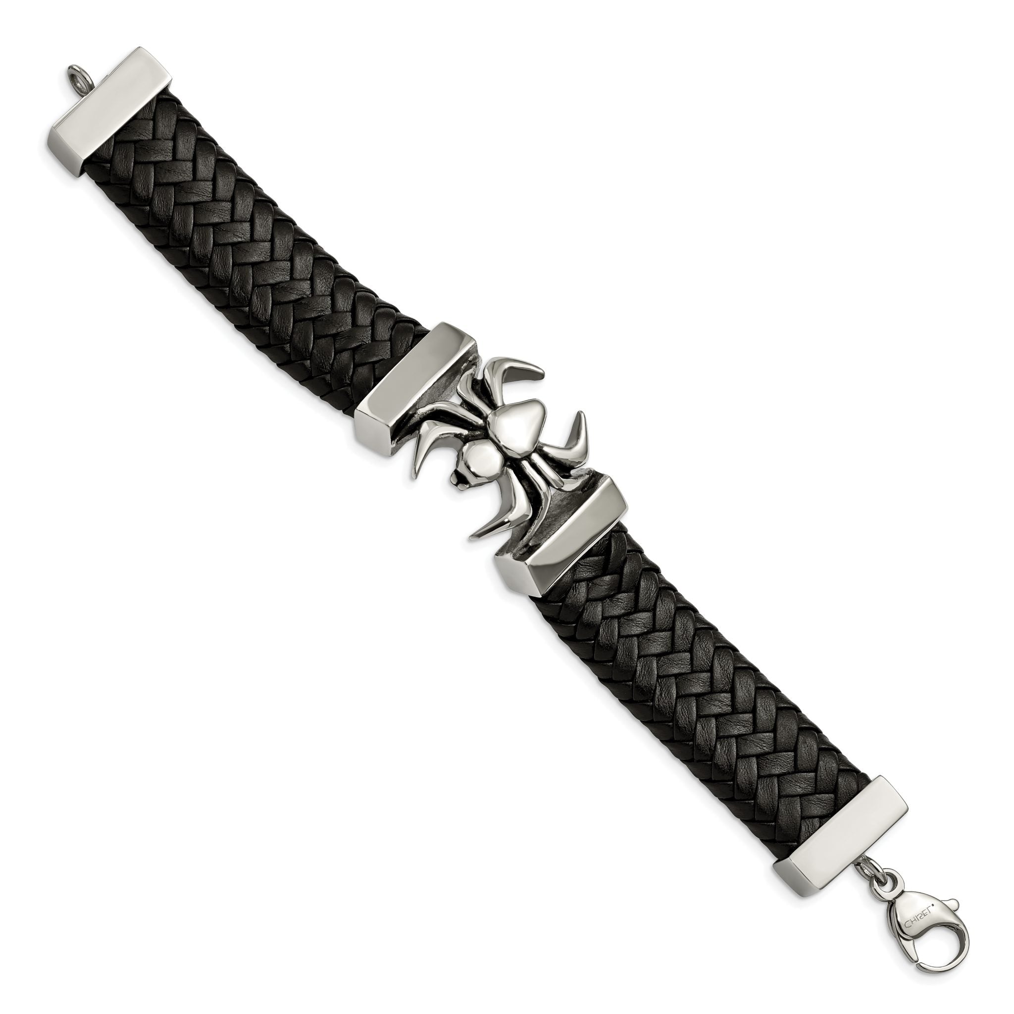 Stainless Steel Antiqued and Polished Spider Black Braided Leather Bracelet for Men Secondary image