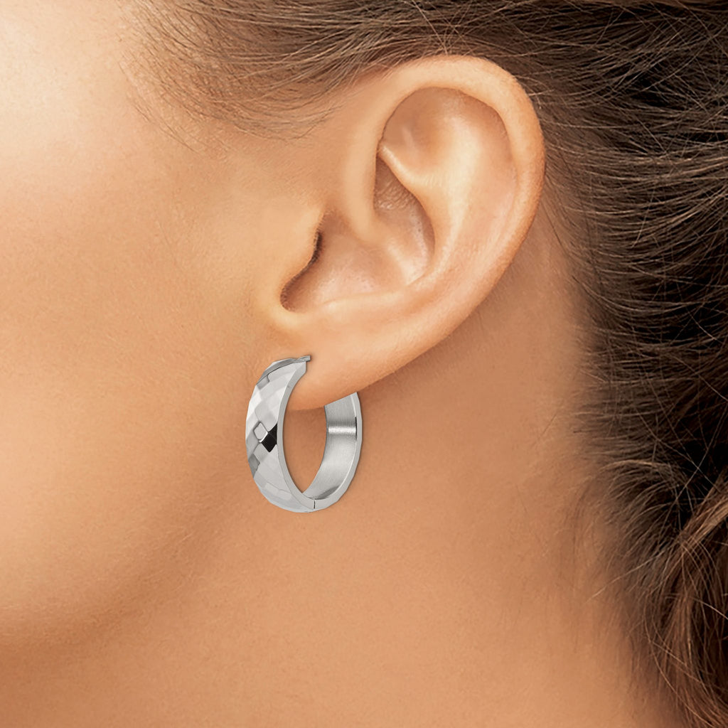 Stainless Steel Polished Textured Hinged Huggie Hoop Earrings
