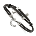 Stainless Steel Polished Sideways Crosses 2 Strand Black Leather Bracelet