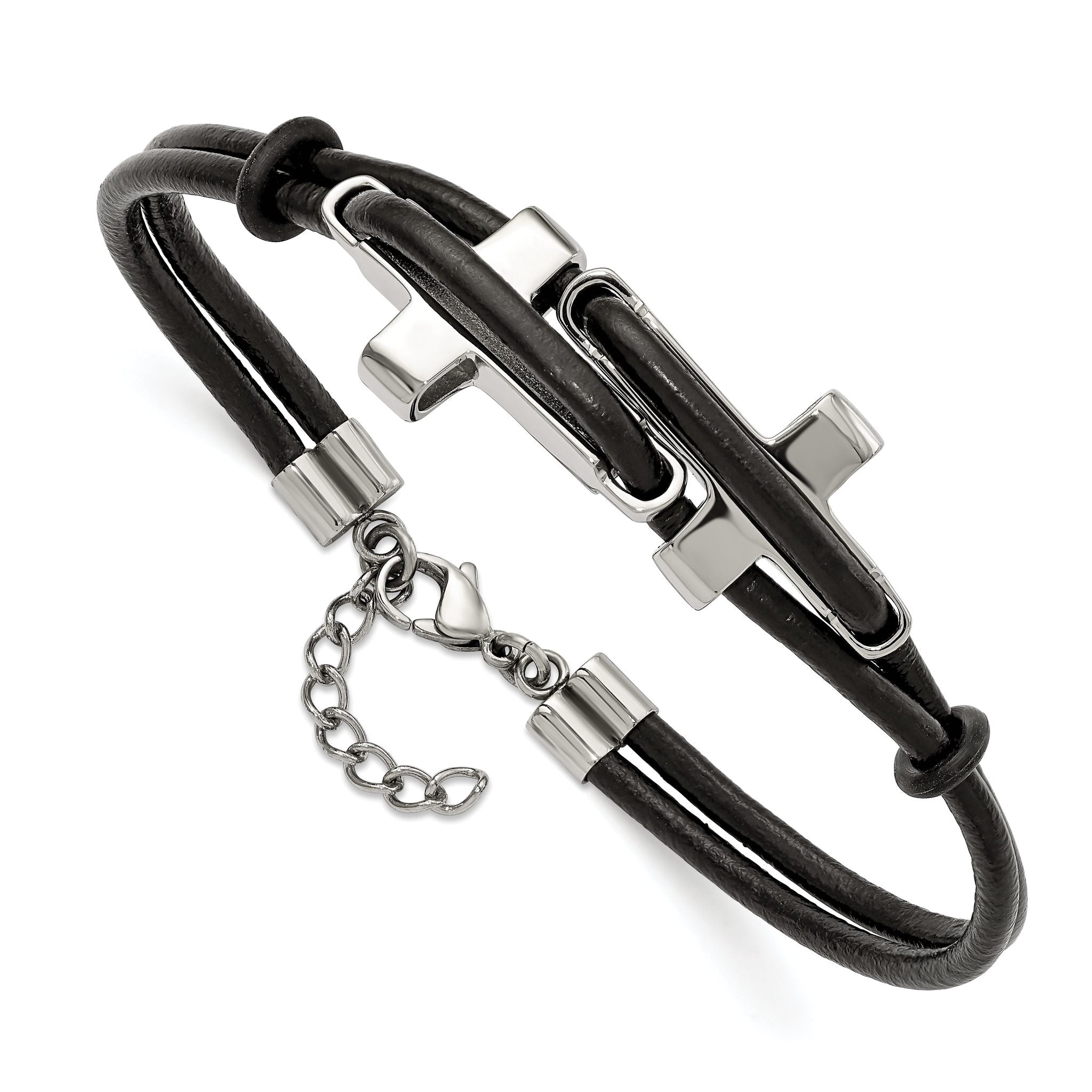 Stainless Steel Polished Sideways Crosses 2 Strand Black Leather Bracelet