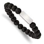 Stainless Steel Polished ID Plate 8mm Black Agate Beaded Stretch Bracelet