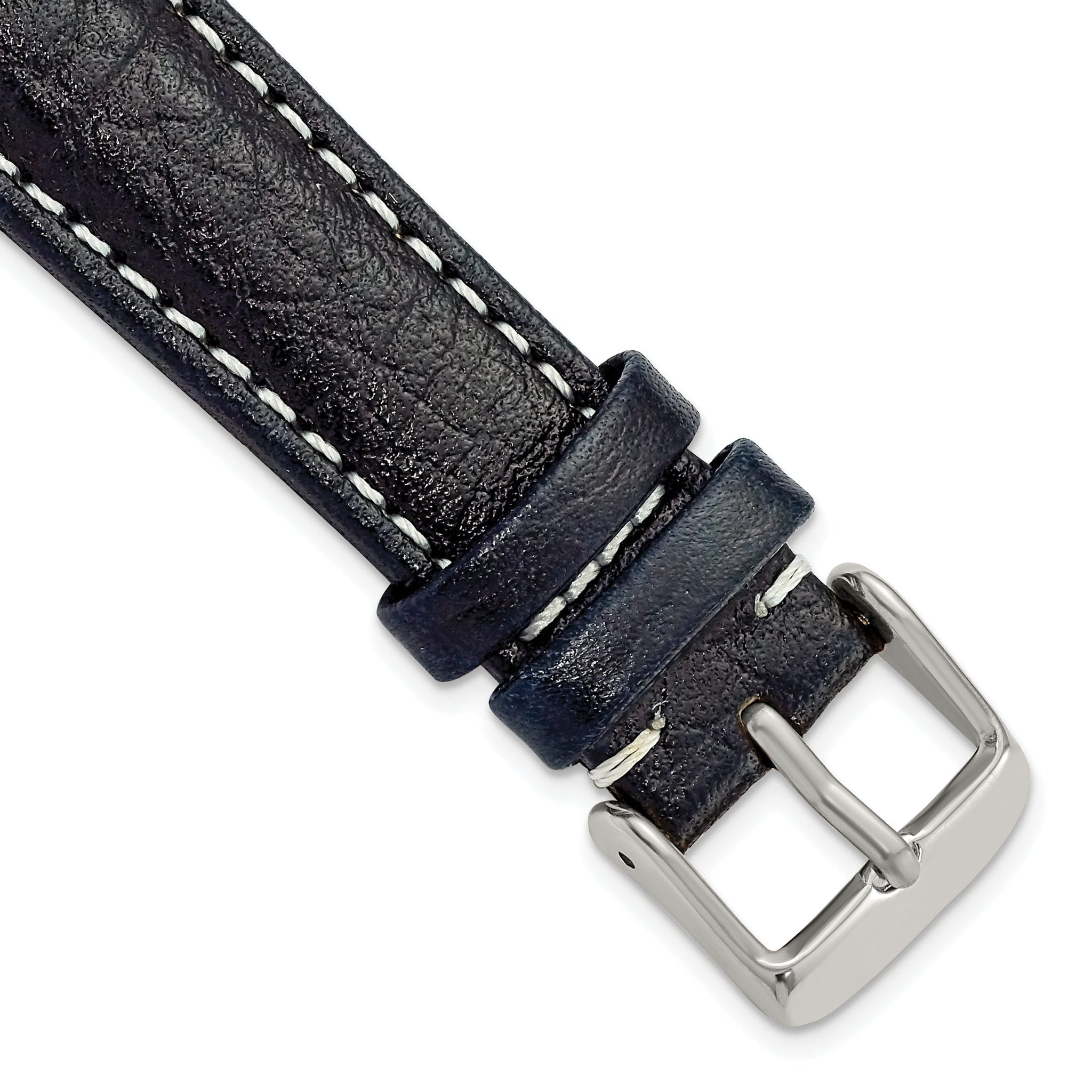 Navy Leather Sport Watch Band with White Stitching, 20mm