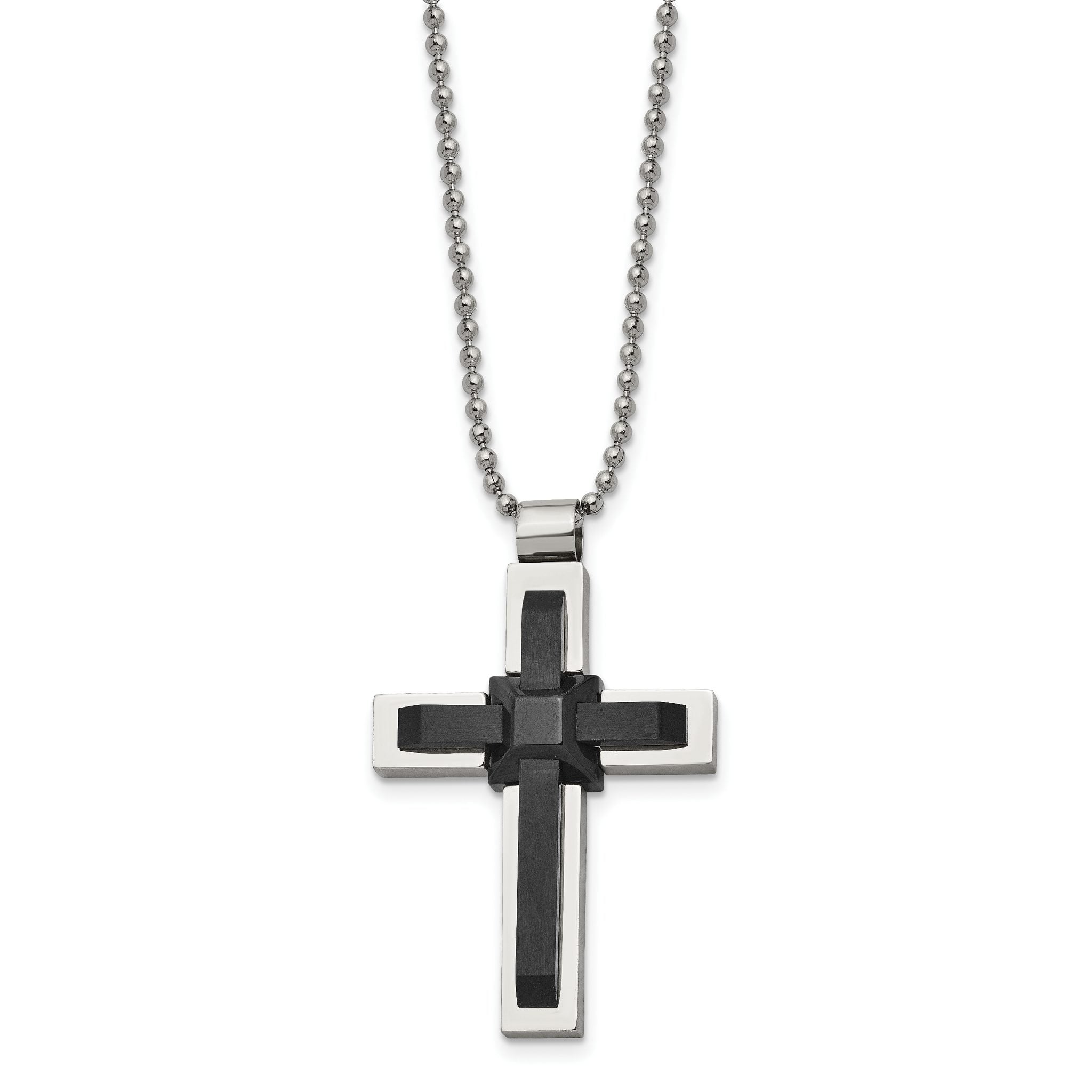 Sophia Jewelers Men's Polished Black IP-Plated Stainless Steel Cross Necklace