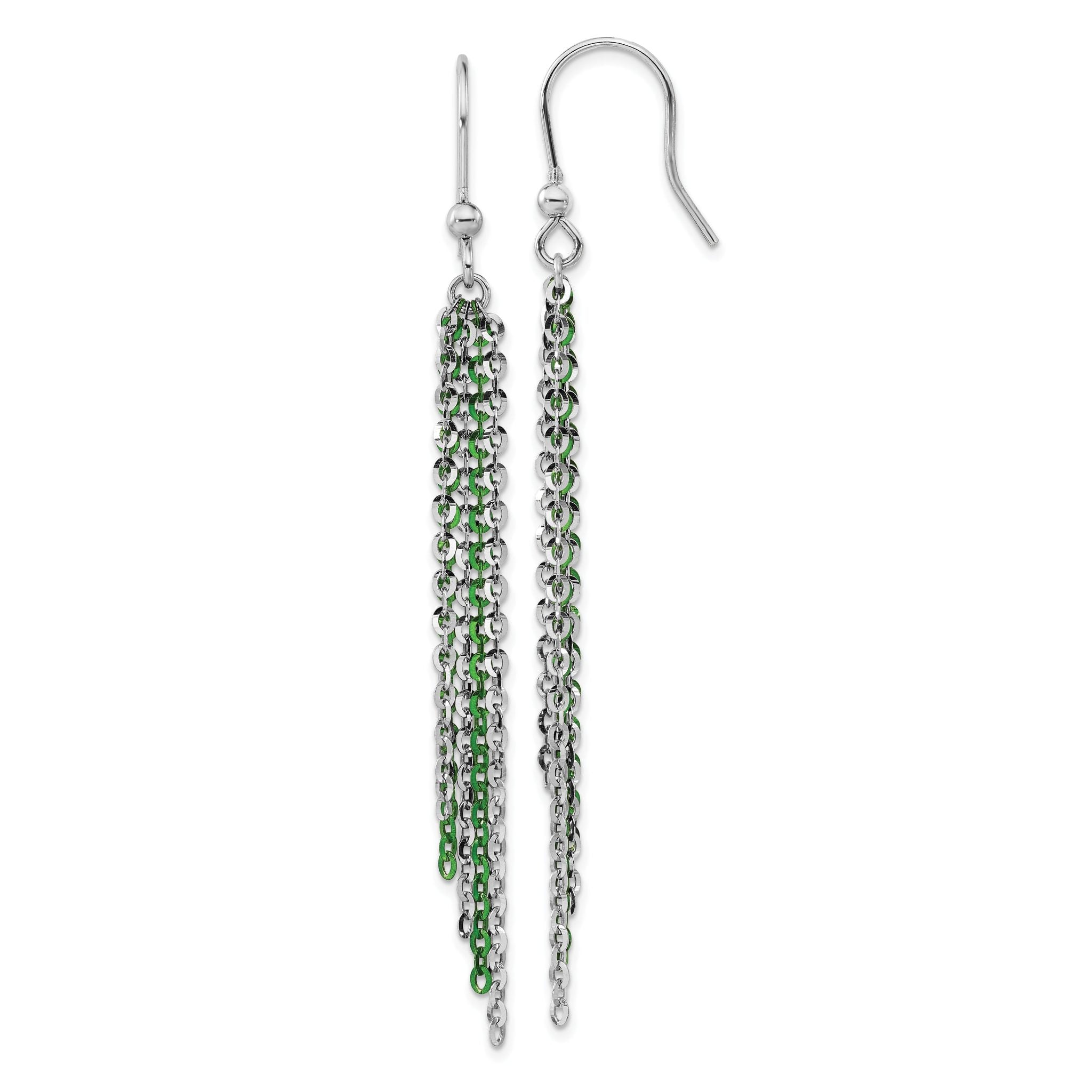 Sterling Silver Rhodium & Green Plated Dangle Earrings 82.5mm French Wire Main image