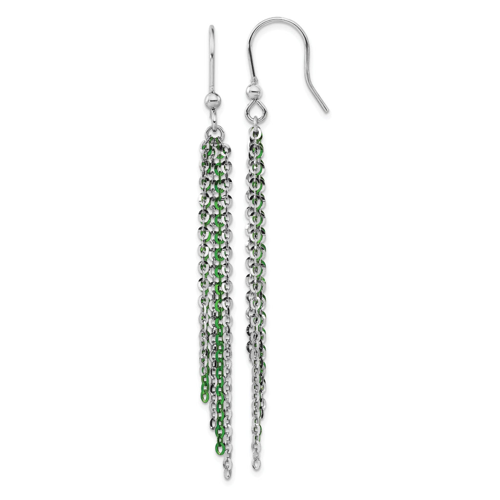 Sterling Silver Rhodium & Green Plated Dangle Earrings 82.5mm French Wire