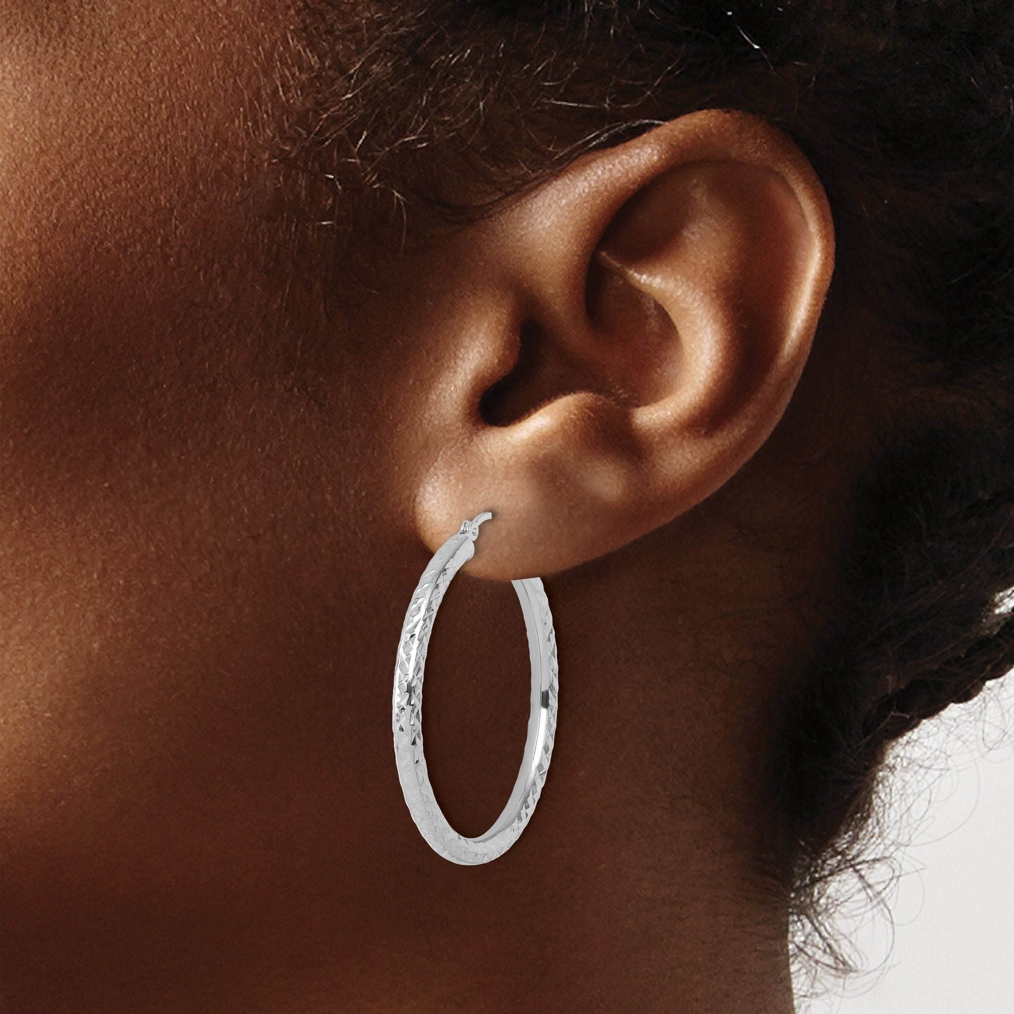 14k White Gold Diamond-cut 3mm Round Hoop Earrings