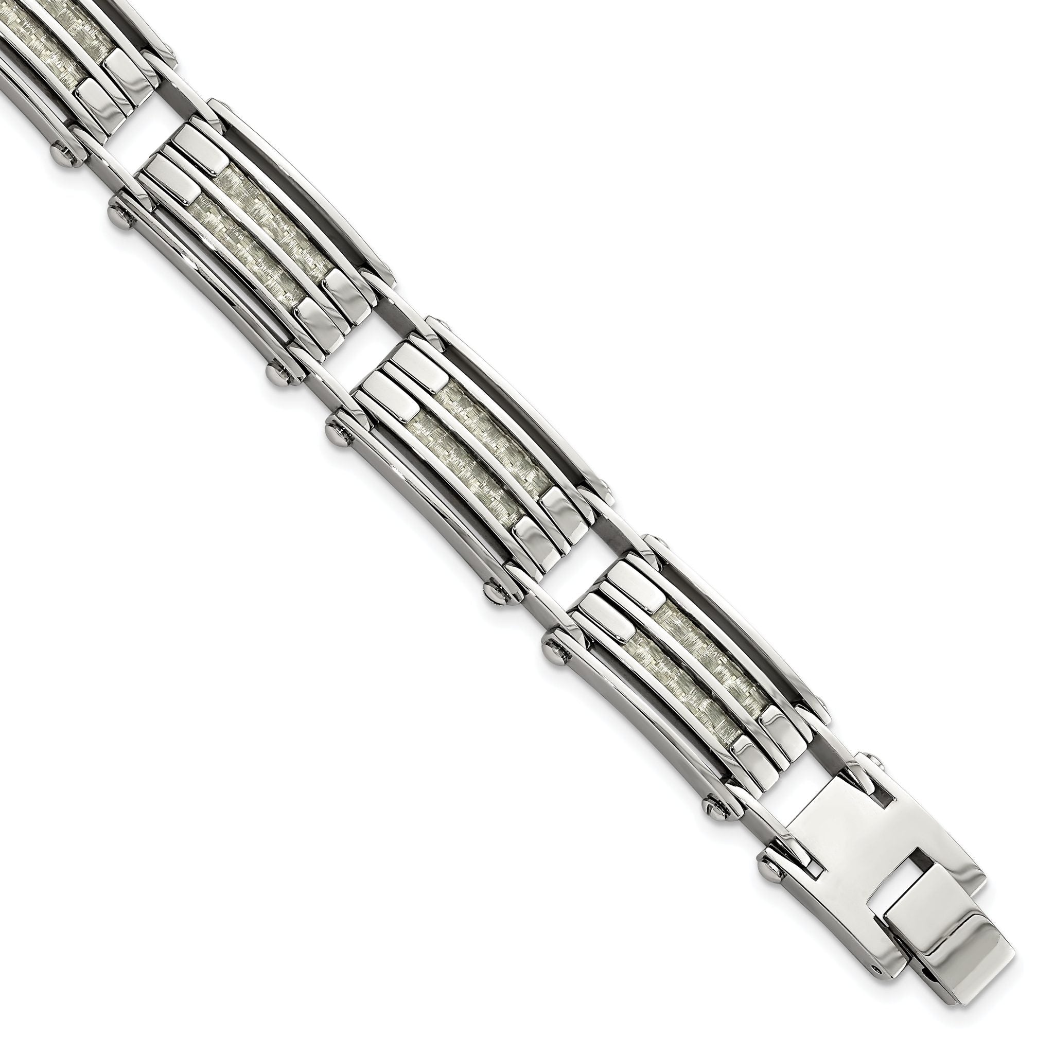 Stainless Steel Polished with Grey Carbon Fiber Inlay Link Bracelet for Men Main image