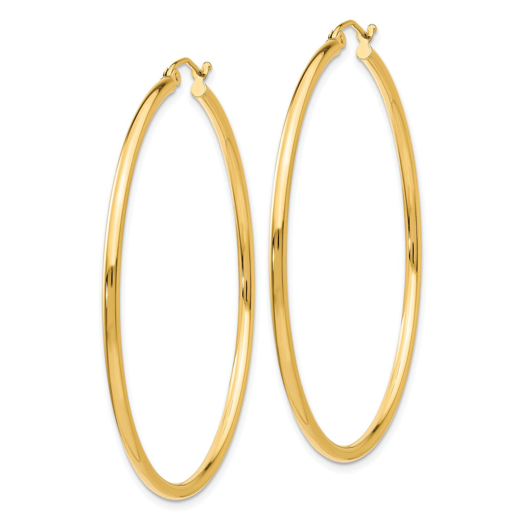 10K Gold Polished Hoop Earrings 2mm Tube Elegant 49mm Drop