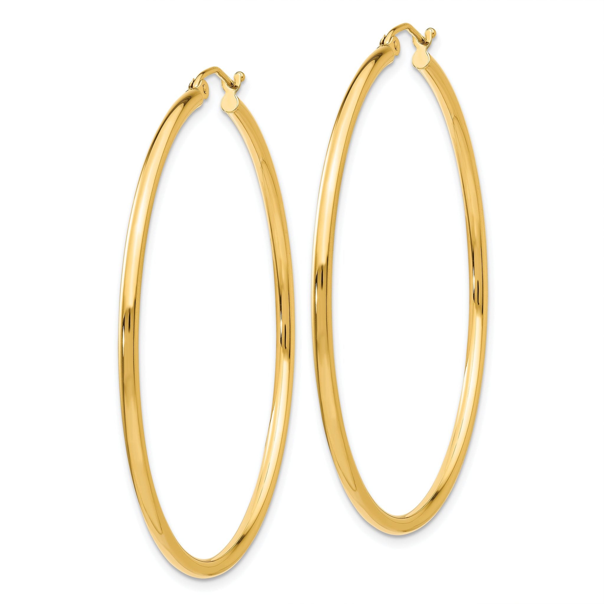 10K Gold Polished Hoop Earrings 2mm Tube Elegant 49mm Drop