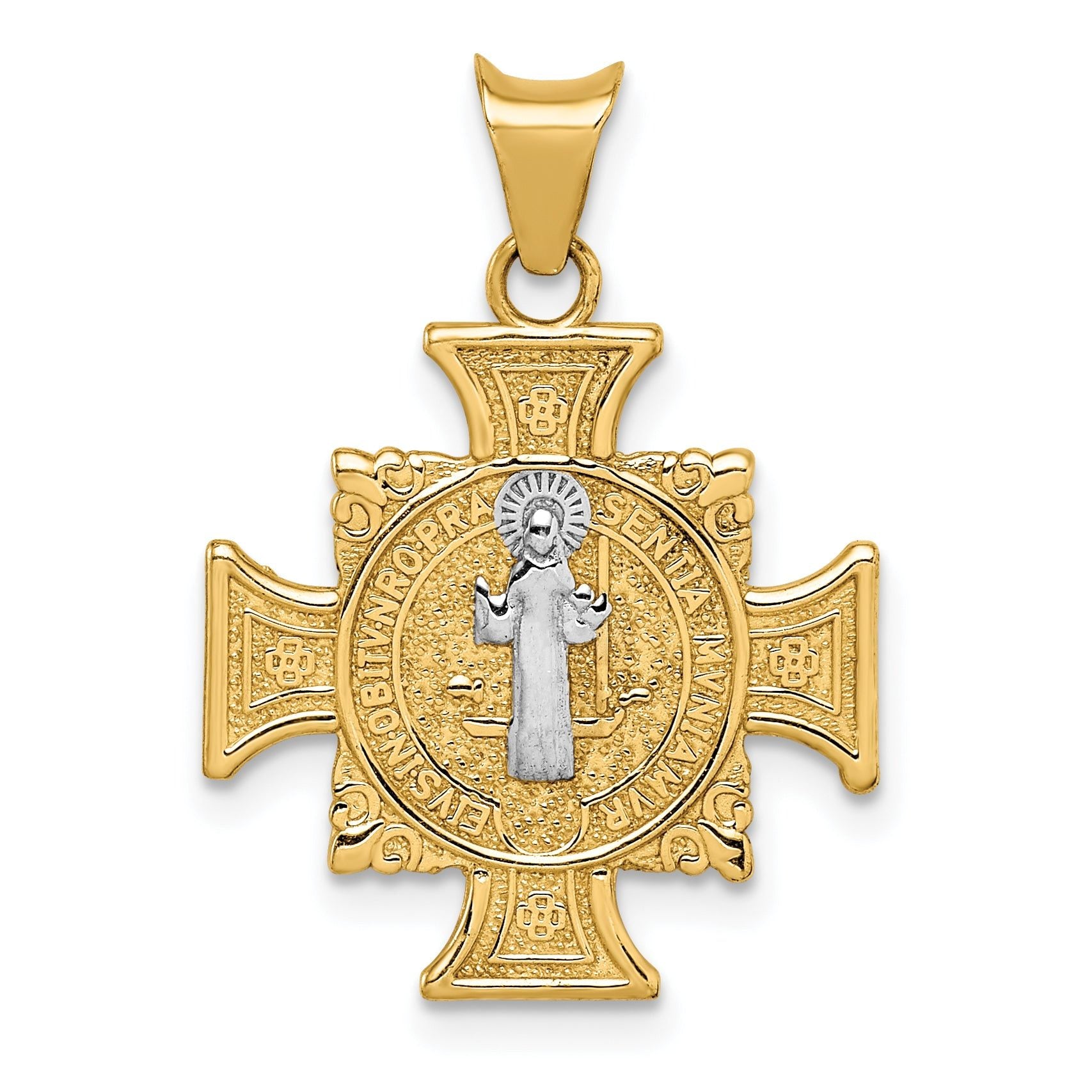 14K Gold St. Benedict Pendant with Rhodium Accents, Polished and Reversible Main image