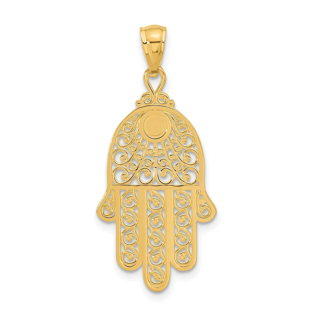 14K Gold Diamond-Cut Filigree Chamseh Pendant  Elegant and Themed Style
