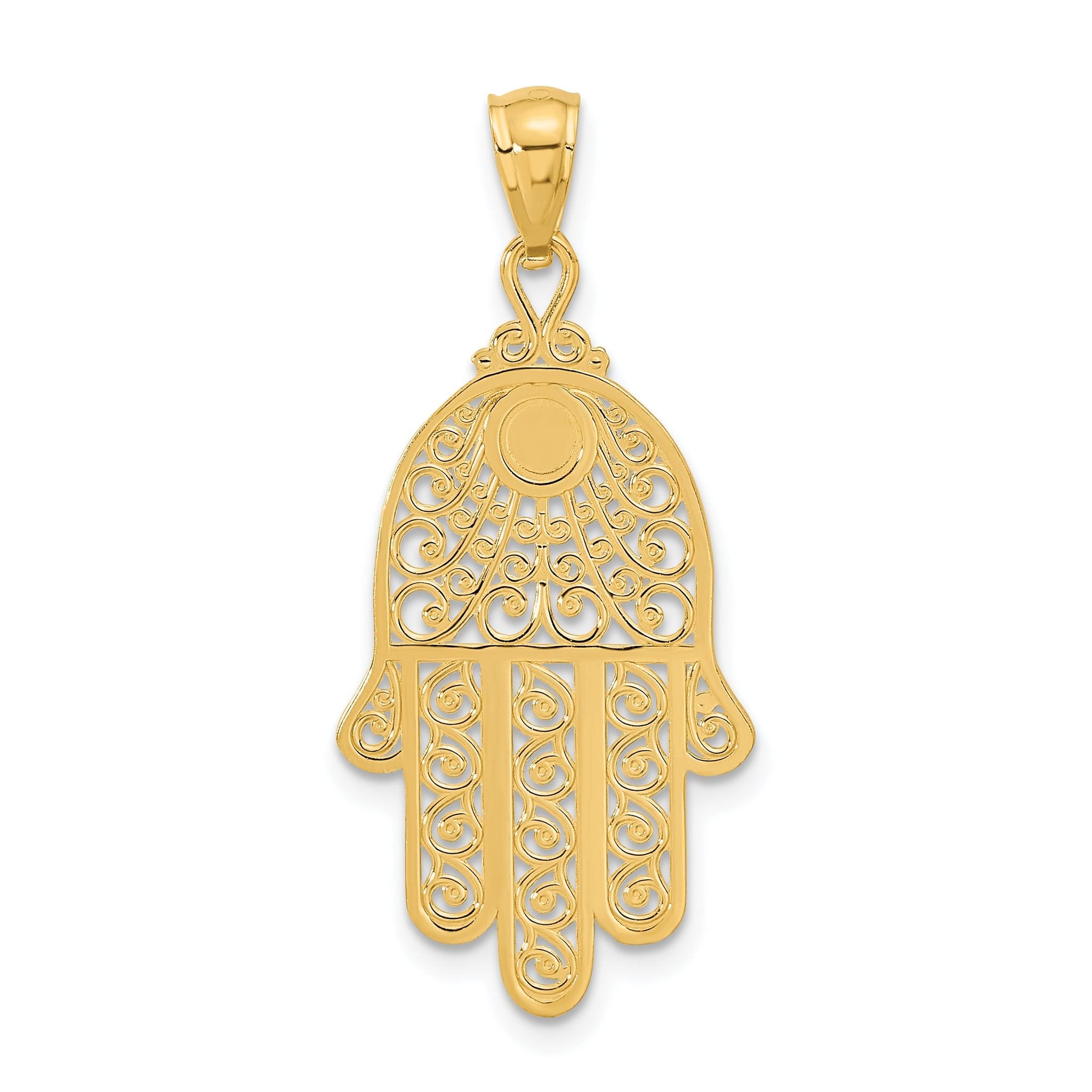 14K Gold Diamond-Cut Filigree Chamseh Pendant  Elegant and Themed Style