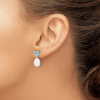 Sterling Silver Rhodium Plated Blue Topaz and 7-8mm Freshwater Cultured Pearl Teardrop Dangle Post Earrings