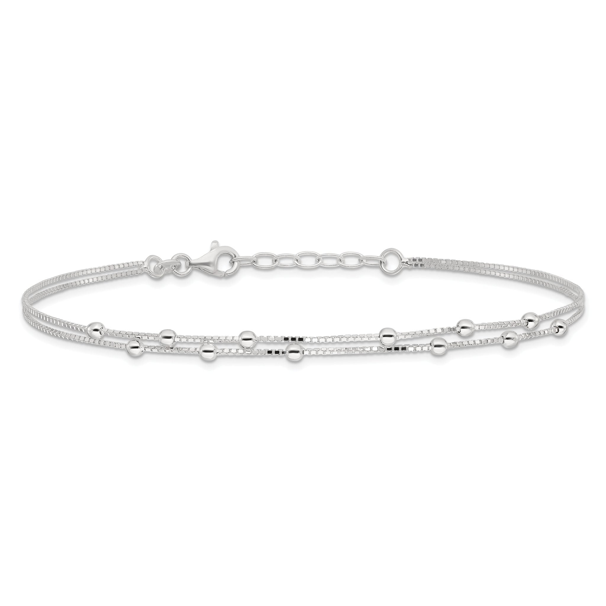 Sterling Silver Beaded 2-strand 9 inch Plus 1 inch Extender - Total 10 inch Anklet