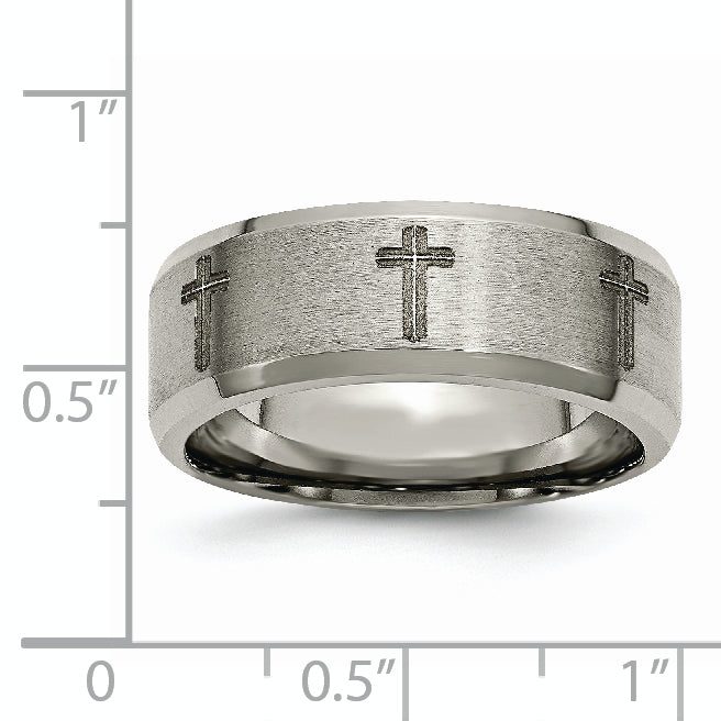 Titanium Wedding Band with Laser Cross Design and Beveled Edge