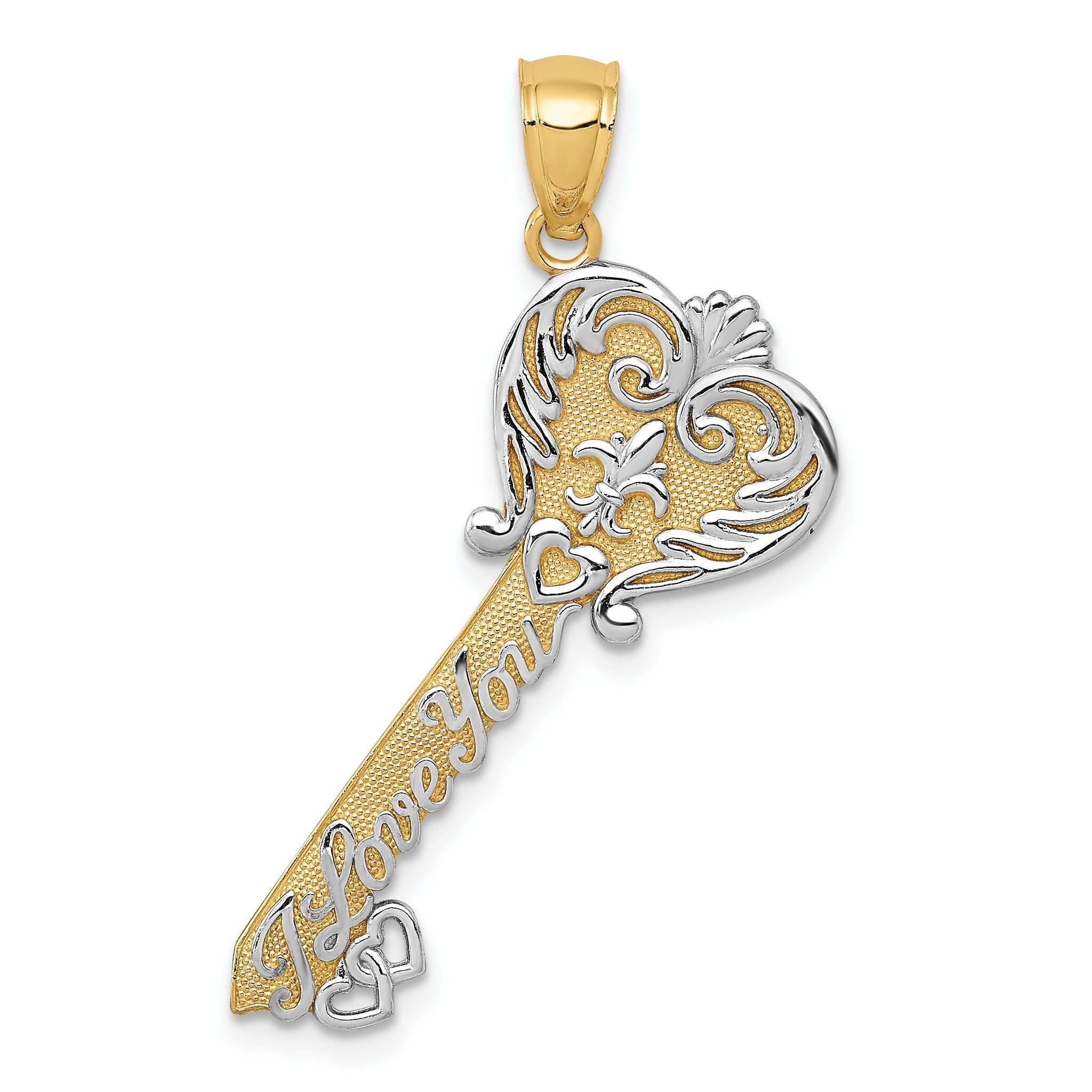 14K Gold Filigree Heart Key Charm with White Rhodium Accent Polished Finish Main image