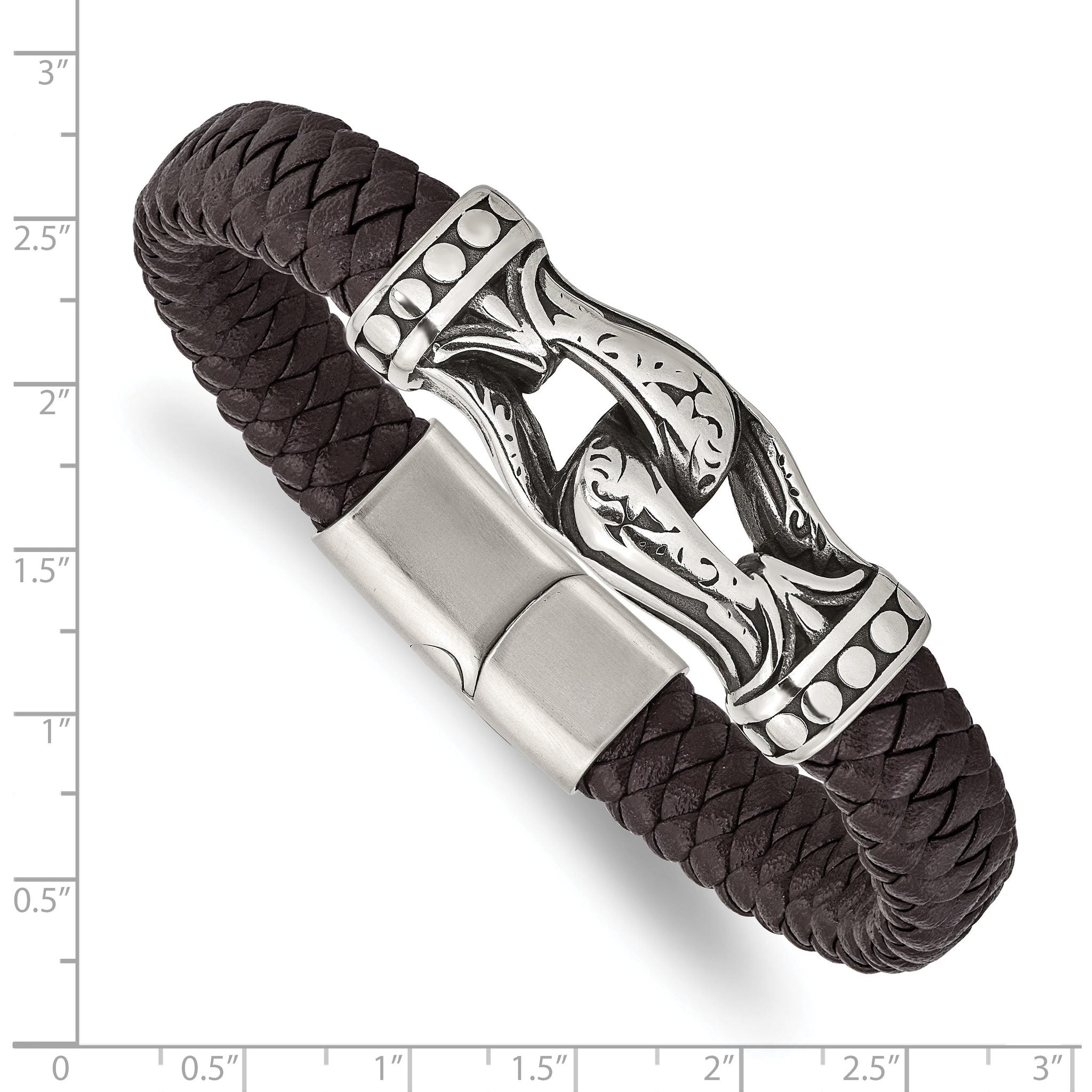 Stainless Steel Antiqued and Polished Dark Brown Braided Faux Leather Bracelet for Men