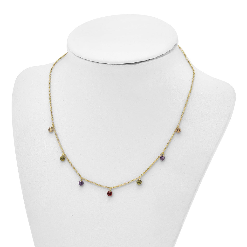 Prizma Sterling Silver Gold-tone 14K Flash Gold-plated 16 inch Dangling Colorful CZ  Necklace with 2 inch Extender