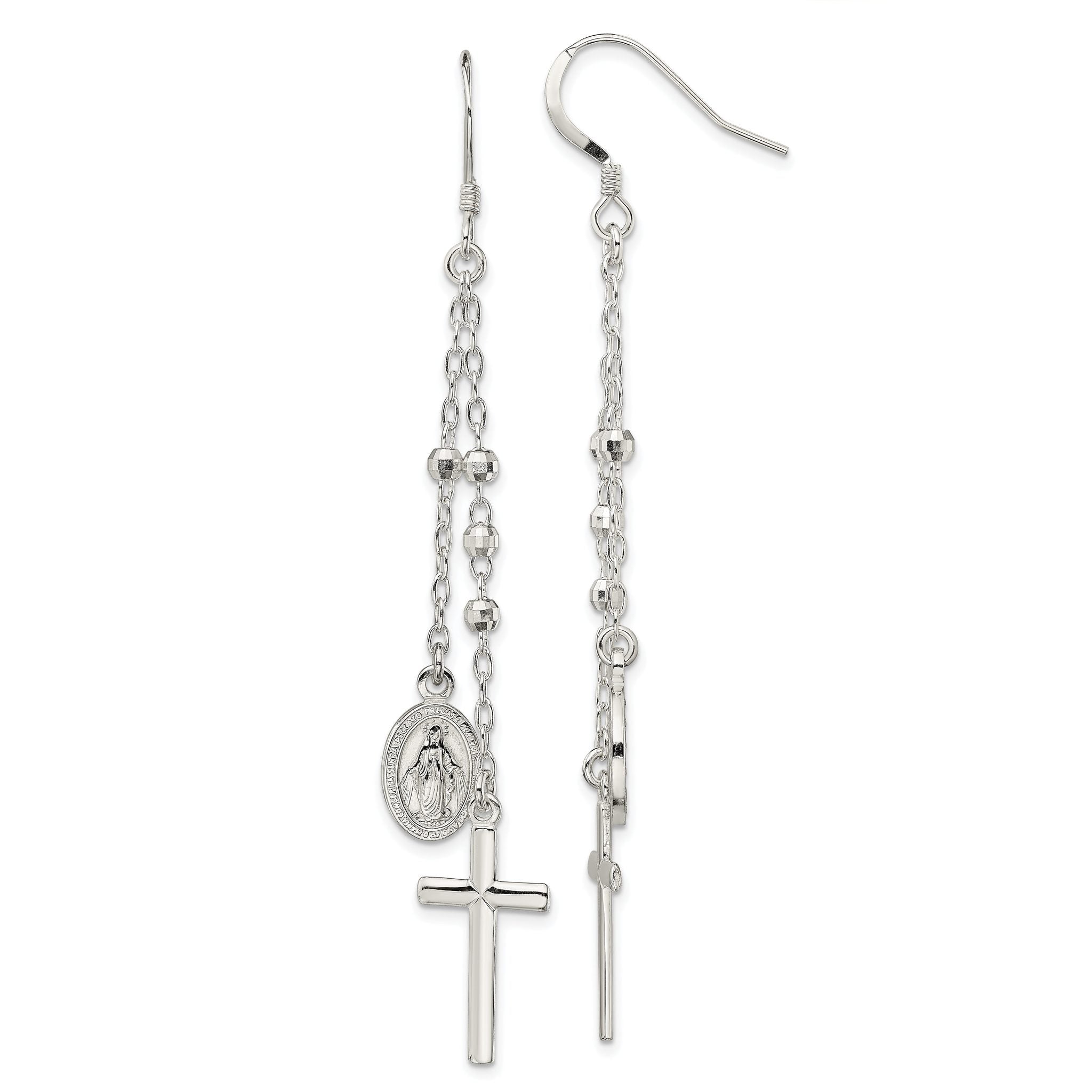Sterling Silver Polished Miraculous Medal & Latin Cross Beaded Multi-Strand Dangle Earrings Main image