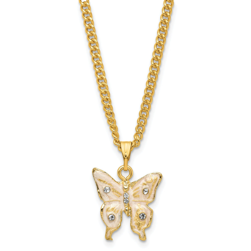 Luxury Giftware Pewter Bejeweled Crystals Gold-tone Enameled BUTTERFLY NECTAR Blue Flower Butterfly Ring Holder Trinket Box with Matching 18 Inch Necklace