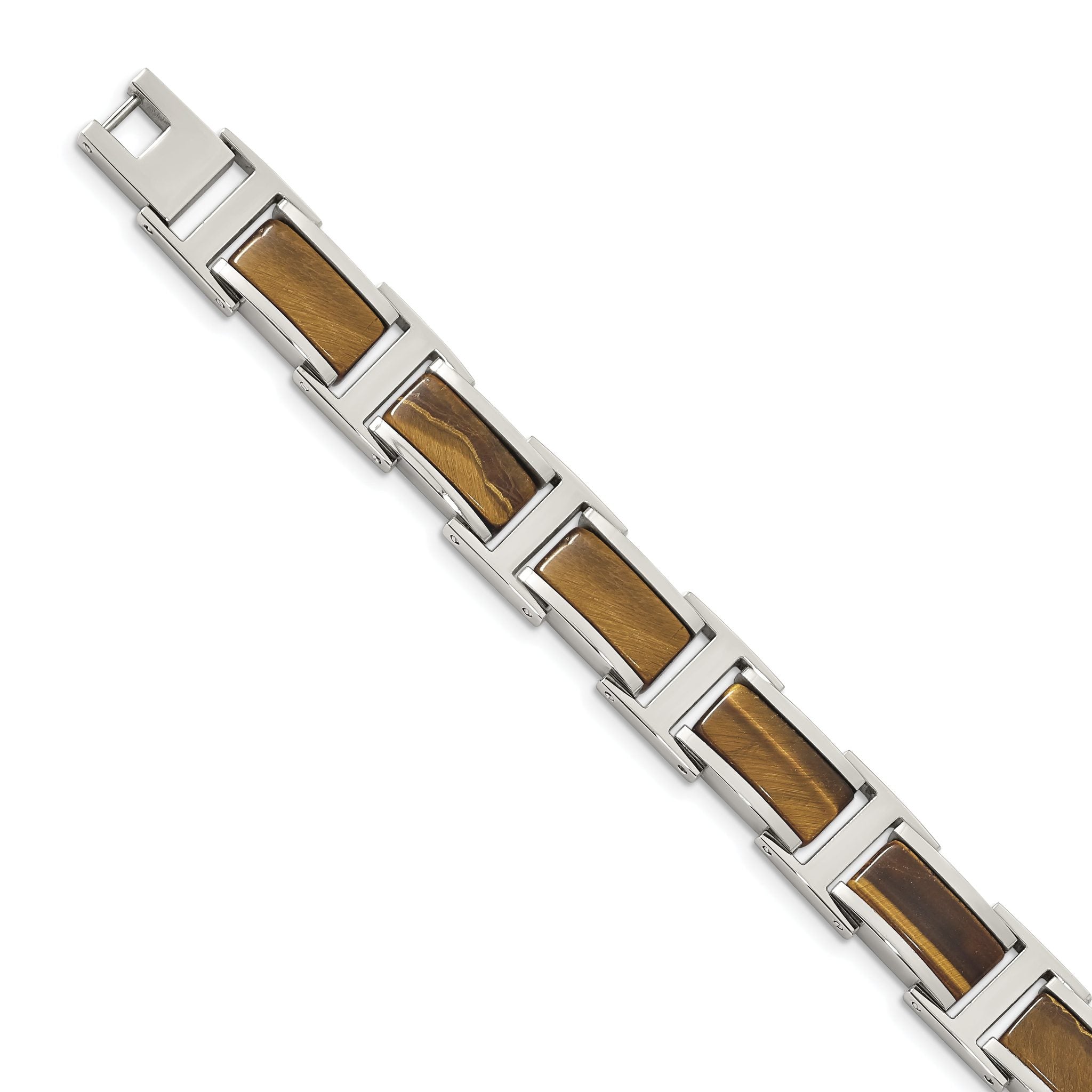 Chsiel Stainless Steel Polished with Tiger's Eye Inlay Link Bracelet for Men